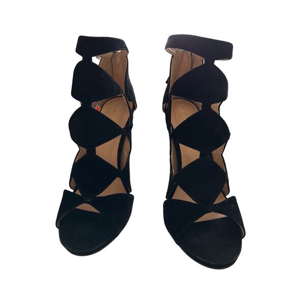 Liliana Black Velvet Heels Diamond Cutouts Open Toe Back Zipper Party Size 8.5 - Picture 3 of 13